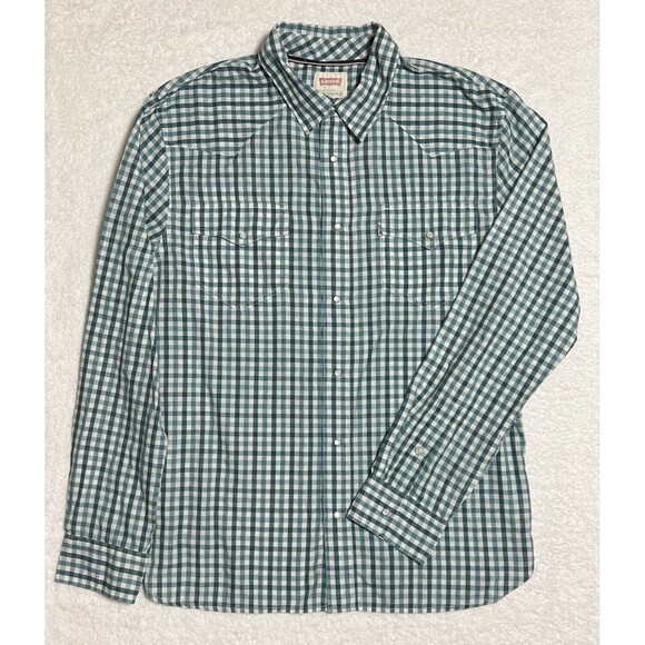 Levi’s Western Shirt Men's L Blue Gingham Plaid Checkered Button Up Rodeo Cowboy - Picture 1 of 17